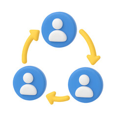 3D user connection icon with three blue circular avatars and yellow arrows forming a communication cycle isolated on transparent background