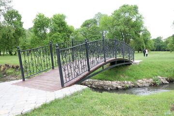 Charming Iron Bridge Gracefully Spanning a Tranquil Stream in a Lush, Green Park Setting