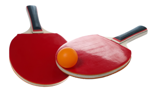 Two ping pong racket with orange ball flying, isolated on white background, sport