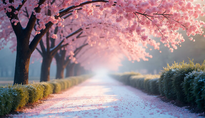 Fototapeta premium Cherry Blossom Pathway with Lush Green Hedges and Petal-Littered Ground