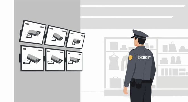 Security Guard Observing Surveillance Cameras in a Retail Environment.