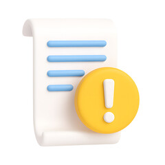 3D white scroll document with blue text lines and yellow exclamation mark warning symbol isolated on transparent background