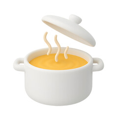 3D white cooking pot icon with open lid and hot steaming soup inside, kitchen and meal preparation concept, isolated on transparent background