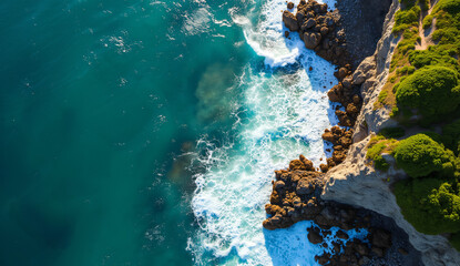 Aerial View of Turquoise Ocean Waves Crashing Against Rocky Cliffs