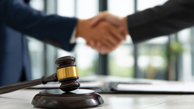 fondo abstracto con mazo de juez en primer plano encima de mesa y fondo de despacho luminoso con apreton de manos de dos personas con traje. Concepto acuerdos de divorcio o judiciales, subastas