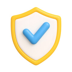 3D white shield icon with yellow border and blue check mark symbolizing verified protection isolated on transparent background