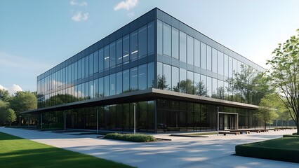 Fototapeta premium A mid-rise commercial building for a modern company, featuring minimalist glass architecture with a flat roof and clean geometric lines.