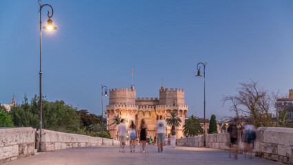 Serrans Towers or Torres de Serranos day to night timelapse in Valencia, Spain.
