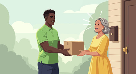 Smiling Delivery Man Hands Package to Joyful Senior Woman at Doorstep.