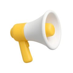 3D yellow and white megaphone icon representing announcement or loudspeaker isolated on transparent background