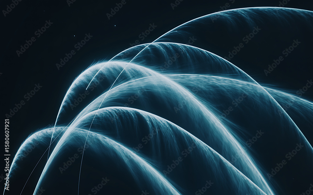 Poster glowing arcs of light bending across dark background representing fluid motion, abstract waveforms a