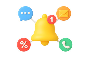 3D yellow bell notification icon with message, call, email, and alert symbols, isolated on transparent background