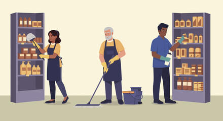 Three diverse cleaning staff members maintaining shelves with cleaning supplies.