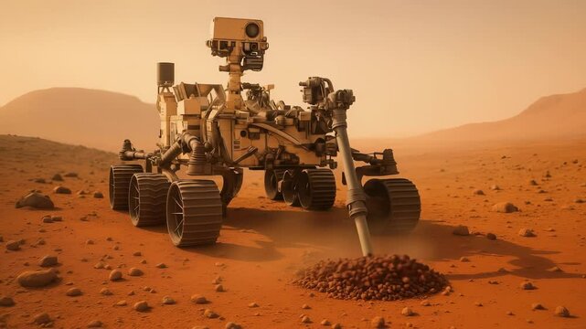 Robotic rover collecting soil samples on Mars, investigating rocky landscape with mountain range in background. Detailed scientific exploration of extraterrestrial environment.