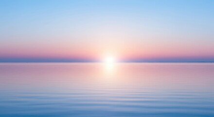 Serene sunset over calm water reflecting pastel sky and horizon glow light