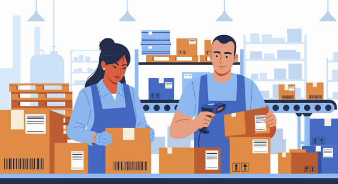 Warehouse workers scanning and sorting boxes on a conveyor belt in a factory.
