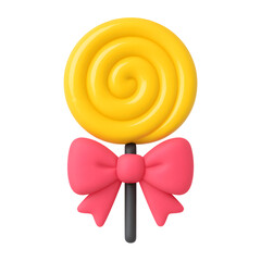 3D yellow spiral lollipop icon with pink ribbon bow on black stick, sweet candy concept, isolated on transparent background