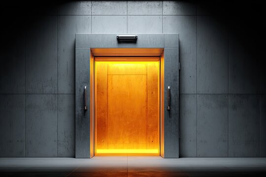 Illuminated golden door in dark concrete wall - Powered by Adobe