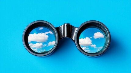 Binoculars reflecting a bright blue sky with fluffy clouds against a vibrant background symbolizing the uncertain or hopeful outlook ahead