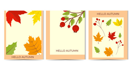 Minimalist autumn greeting card set. leaves and berriesin warm color and modern style. Design template for seasonal greetings and promotions, banner, ads, social media © evalinavectors