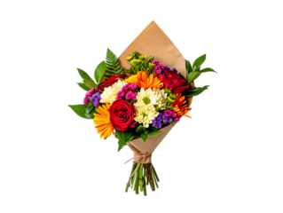 Vibrant mixed flower bouquet with red roses and yellow daisies isolated on transparent background