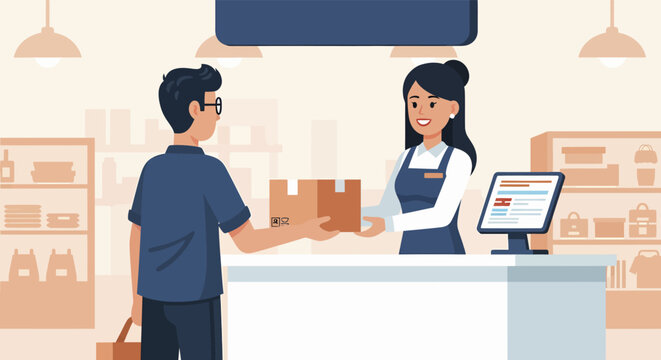 Customer Receiving Package from Smiling Store Clerk at Checkout Counter.