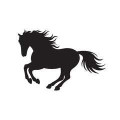 Obraz premium Black silhouette of a galloping horse with flowing mane and tail on white background