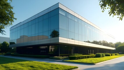 A mid-rise commercial building for a modern company, featuring minimalist glass architecture with a flat roof and clean geometric lines.