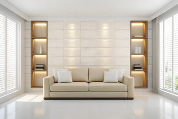 Fototapeta premium Beige sofa with white pillows in a modern living room with built-in shelves and large windows