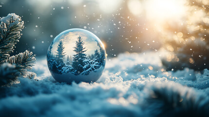 Winter globe reflects snowy pines resting on a bed of fresh snow under sunlight, creating a holiday season mood