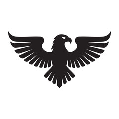 Obraz premium Black silhouette of an eagle with outstretched wings in symmetrical heraldic style on white background
