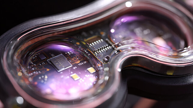 A futuristic close-up unveils the intricate circuit board inside virtual reality glasses, showcasing advanced technology and innovative design elements. - Powered by Adobe