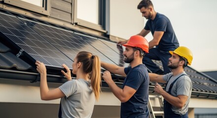 Obraz premium Workers fitting modern solar modules to energyefficient house exterior in daytime.