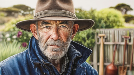 A man wearing a hat and a blue jacket is standing in front of a fence. He is looking at the camera