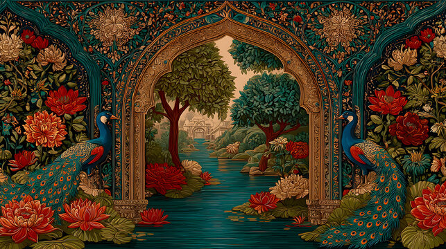 .A detailed pichwai art-inspired design featuring a Mughal garden with graceful peacocks, lotus flowers floating on a pond, and an intricate arch frame. The scene is rich with vibrant colors - Powered by Adobe