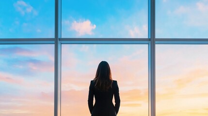 Businesswoman contemplating the future while gazing at sunset through large windows in modern office, outlook cocnept
