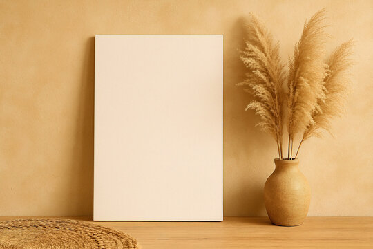 Vertical Canvas or Poster Panel Mockup with Pampas Grass and Earthy Wall Background

