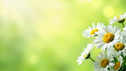Fresh chamomile flowers on sunny green background, White daisies blooming in natural meadow, Spring floral nature with copy space
