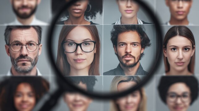 Magnifying glass highlighting individuals in a diverse group for talent selection