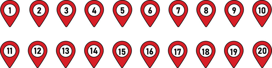  Numbered Location Pin Icons – 1 to 20 Map Marker Symbols (Transparent Vector Set)
