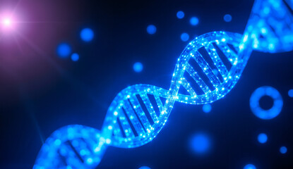 Glowing Blue DNA Strand Against a Dark Background with Bokeh Effects