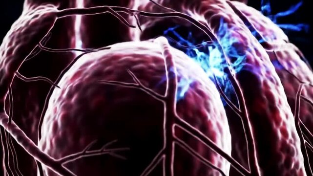 Erratic electrical signals pulse through heart muscle during ventricular fibrillation, visualized in a precise medical animation.