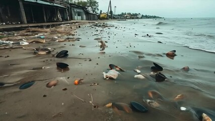 Coast with garbage and shells on the shore. Applicable for environmental projects, documentaries about environmental pollution.
