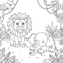 Fototapeta premium Simple black and white illustration of lion and elephant in a jungle scene