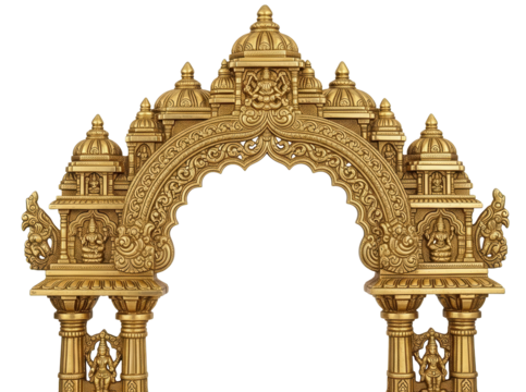 Grand Golden Temple Entrance Arch, South Indian Gopuram Design, Traditional Hindu Archway isolated