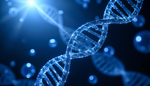 Illuminated DNA Strands in a Blue Gradient Background