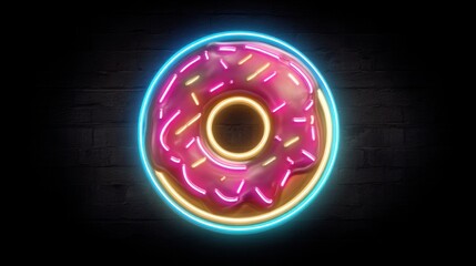 Bright neon donut sign with pink glaze and sprinkles on a dark background