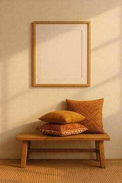 Minimal Boho Poster Frame Mockup with Earthy Pillows on Wooden Bench in Warm Sunlight


