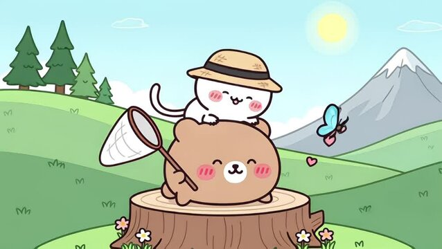 Adorable Cat and Bear Chasing Butterfly in Sunny Meadow Scene.