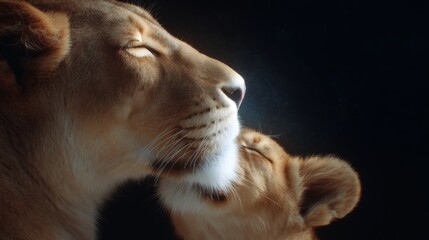 A powerful image of a lion and its cub. The close pose captures their bond and love. This artistic portrait emphasizes their majestic features. Ideal for wildlife lovers. AI